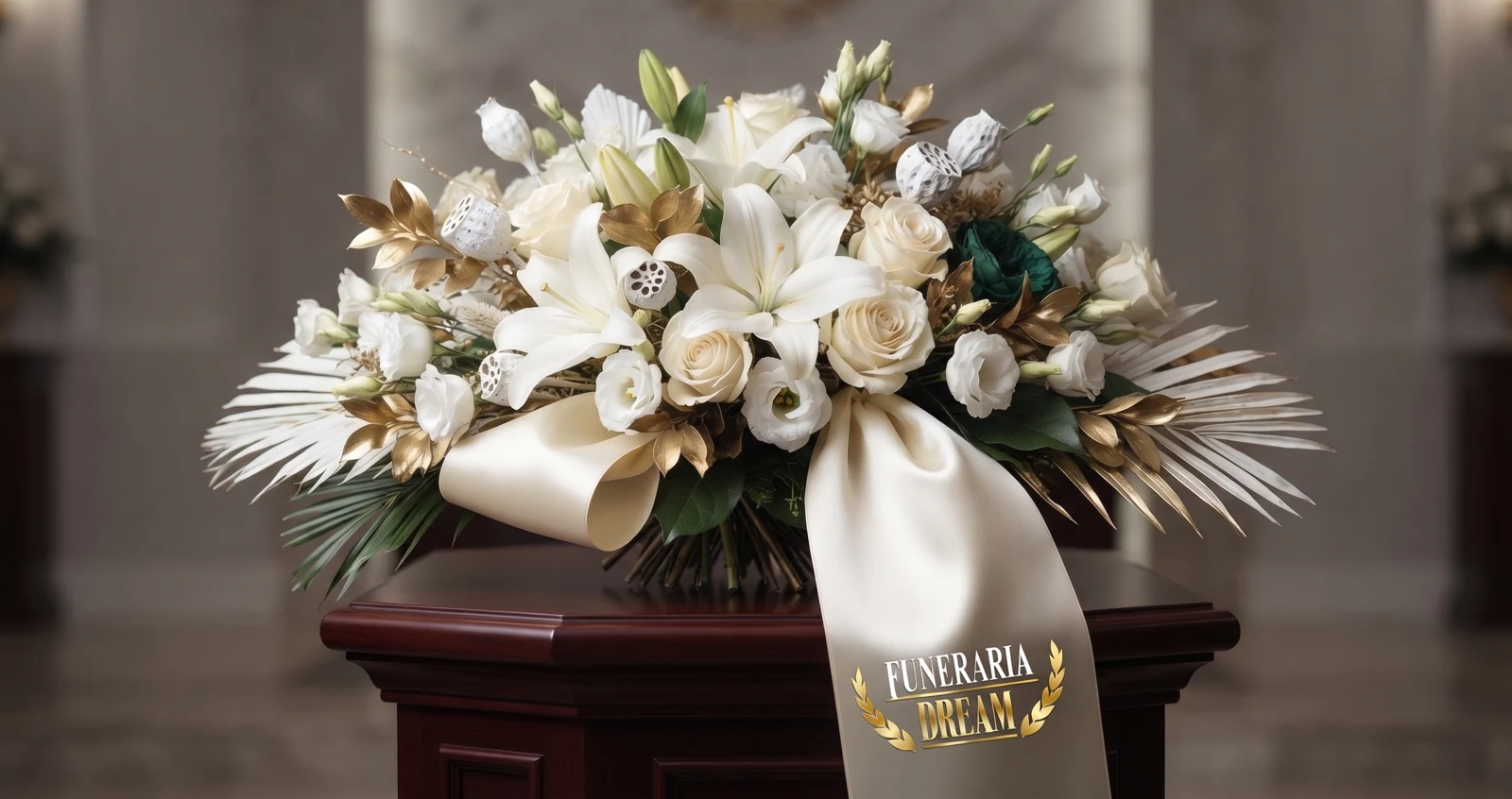 Arreglo de flores blancas con cinta de Funeraria Dream